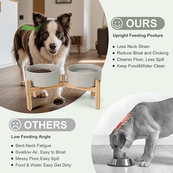 SPUNKYJUNKY Elevated Dog Bowls Ceramic, 7.3'' Dogs Food Water Bowls Raised with Non-Slip Bamboo Stand for Medium to Large Sized Breed Microwave Dishwasher Safe - 42 OZ,Grey-Mewly Pet