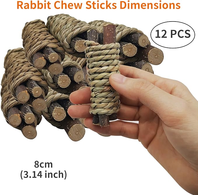 Fhiny 12 PCS Guinea Pigs Chew Toys, Natural Apple Branch Seagrass Molar Sticks for Teeth Bunny Chew Toys Cage Accessories for Guinea Pigs Rabbit Bunny Hamster Chinchilla-Mewly Pet