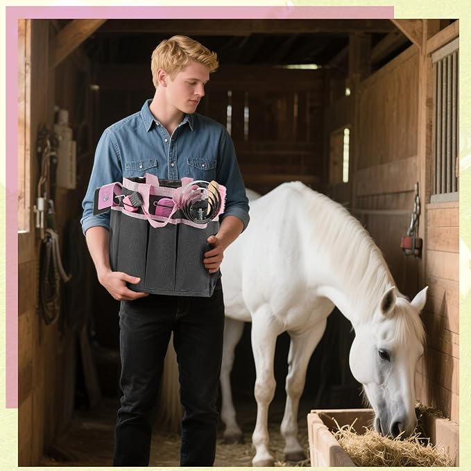 Abbylike 12 Pieces Horse Grooming Kit with Organizer Tote Bag Tack Room Supplies Horse Brush Sets Equine Care Cleaning Kit Shedding Grooming Massaging Tools(Pink and Grey)-Mewly Pet