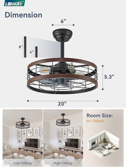 LEDIARY 20 inch Fandelier Caged Ceiling Fan with Light, Bladeless Ceiling Fan with Remote, Farmhouse Fan Lights Ceiling Fixtures for Kitchen, Bedroom, Outdoor(6 Speed, Timing) - Walnut