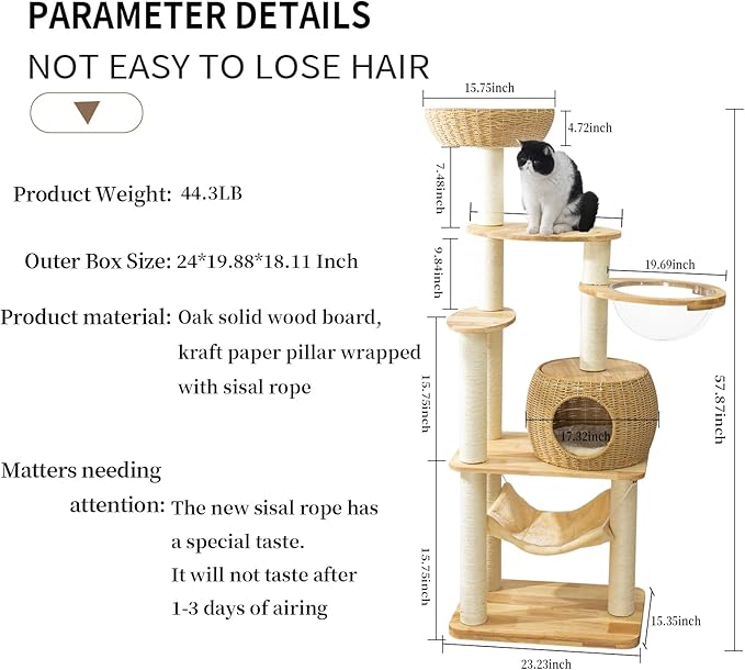 59" Big Modern Cat Tree Tower, Cat Tower Sisal-Covered Scratching Posts for Indoor Cats, Oak Wood Cat Tree for Large Cats, Multi-Level Cat Condo with Space Capsule Nest, Cat Furniture Activity Centre-Mewly Pet