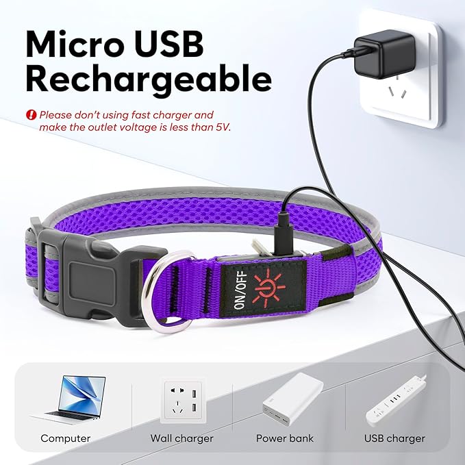 Flashseen LED Dog Collar, USB Rechargeable Light Up Dog Collar Lights, Adjustable Comfortable Soft Mesh Safety Pet Collar for Small, Medium, Large Dogs (Purple, Small)-Mewly Pet