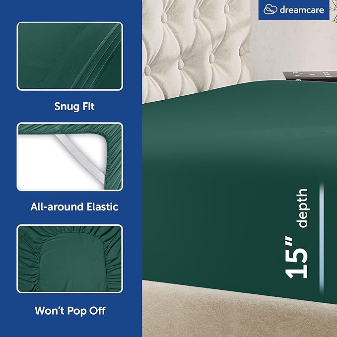 DREAMCARE King Size Sheets Set - Cooling Bed Sheets - 4pcs Set - up to 15" Deep Pocket King Sheet Set – Soft & Long Lasting Cooling - 100% Fine Brushed Microfiber with Side Pocket - Emerald Green