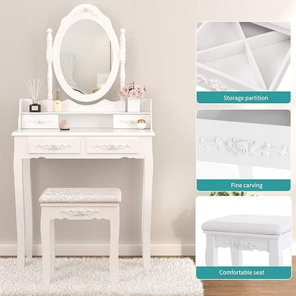 Vanity Table Set ,Makeup Table with Oval Mirror & Stool, Bedroom Wood Dressing Table with 4 Drawers White