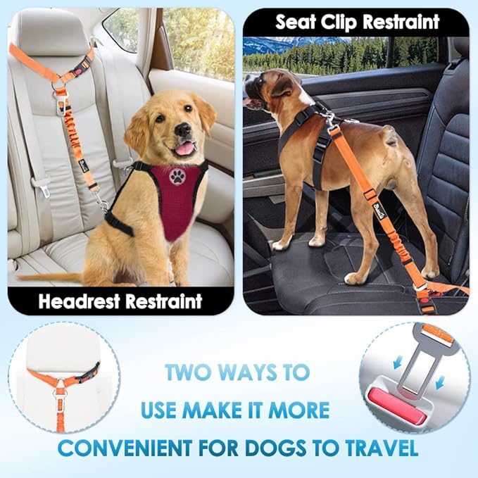 SlowTon Dog Seat Belt for Car, 2 Pack Dog Car Harness Seatbelt Adjustable with Elastic Bungee Buffer, 2 in 1 Pet Car Leash Headrest Restraint Dog Reflective Safety Tether (Orange, Headrest+Clip)-Mewly Pet