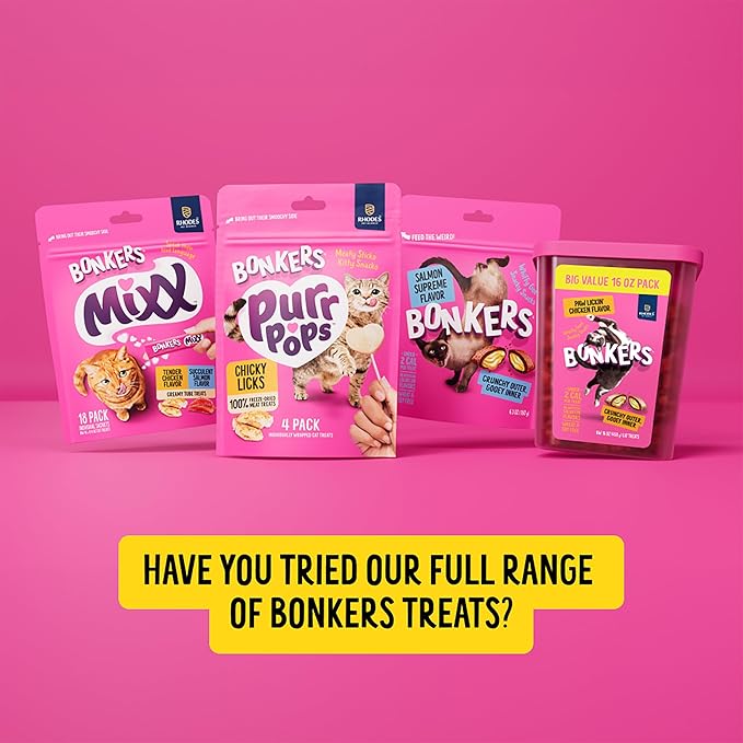 BONKERS Mixx, Wet Lickable Tube Tender Chicken Flavor Cat Treats, Real Meat Treats, Treats for Training or Food Topper, for All Breeds and Ages, Value Pack (15 Pack, 60 Tubes)-Mewly Pet