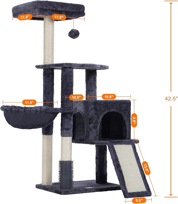 Heybly Cat Tree with Cat Self Groomer Brush, Cat Tower Condo for Indoor Cats with Padded Plush Perch, Cat House with Basket Scratching Board Post, Smoky Gray HCT005SG-Mewly Pet