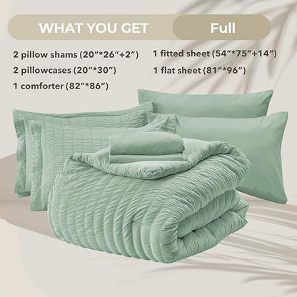 HYMOKEGE Sage Green Full Size Comforter Sets Seersucker 7 Pieces, All Season Luxury Bed in a Bag for Bedroom, Bedding Set with Comforters, Sheets, Pillowcases & Shams