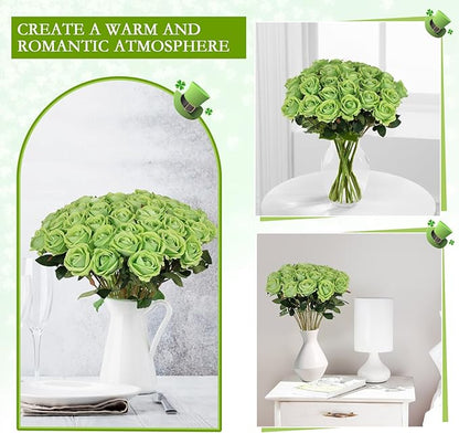 Hananona Artificial Roses in Bulk, Fake Silk Roses Realistic Green Roses for Wedding Centerpieces Flower Arrangement St Patricks Day Home Decor (50, Light Green)