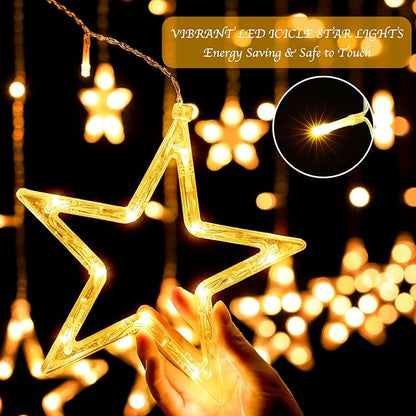 Star Curtain Lights for Bedroom - Plug-in 9ft 138 LED Fairy Twinkle Lights with 12 Star Drops, Connectable Window Lights with Remote 8 Lighting Modes for Indoor Xmas Ramadan Decoration, Warm White