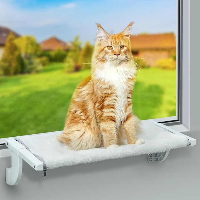 Sunhoo Cat Window Perch Hammock Kitty Bed for Windowsill Bedside Large Cats Shelf Seat inside with Adjustable Ledge Sturdy Removable Cover Easy Assembly No Suction No Drill Hold 40lbs 26.54*13.58in(L)-Mewly Pet