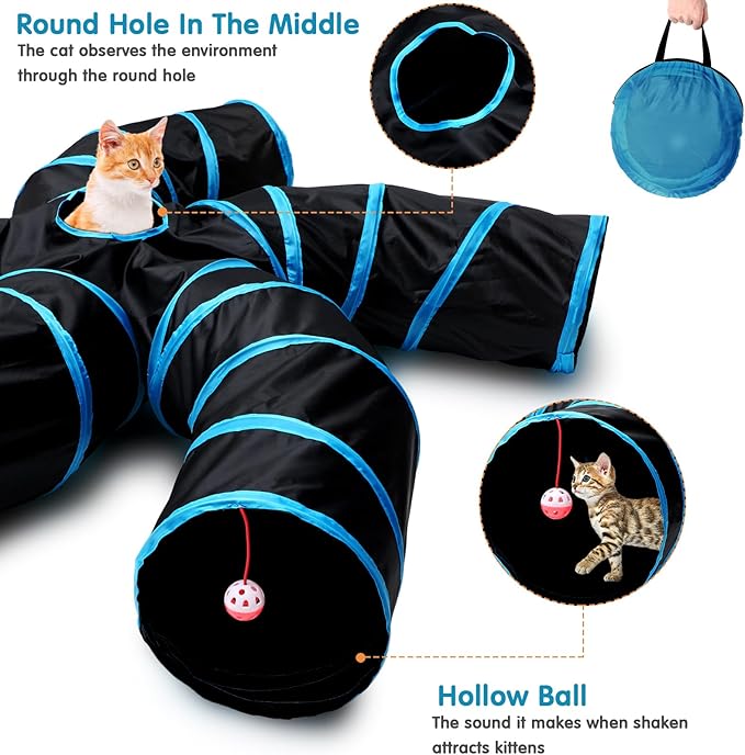 Poen 21 Pcs Cat Tunnel for Indoor Set Collapsible 5 Way Tubes with 20 Pcs Cat Kitten Toys Interactive Feather Toy Mouse Crinkle Balls Tube for Puppy Kitten Rabbit(Blue Black)-Mewly Pet