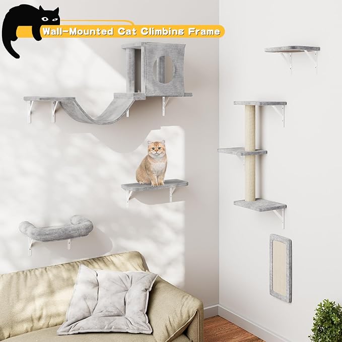 NUNU LAB Wall Mounted Cat Furniture, 6 Pcs Cat Wall Shelves with Condo House, Bridge, Steps, Scratcher, Hammock, Indoor Safe & Stable Furniture for Kittens Play, Gray-Mewly Pet