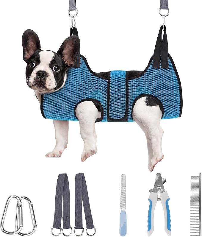 PAWCHIE Dog Grooming Hammock Harness for Dog Cat with Pet Nail Clipper Trimmer-Breathable Cat Hanger Sling for Trimming Clipping Nails-Dog Hammock Restraint Bag for Small Medium Large Dog, Dark Blue S-Mewly Pet