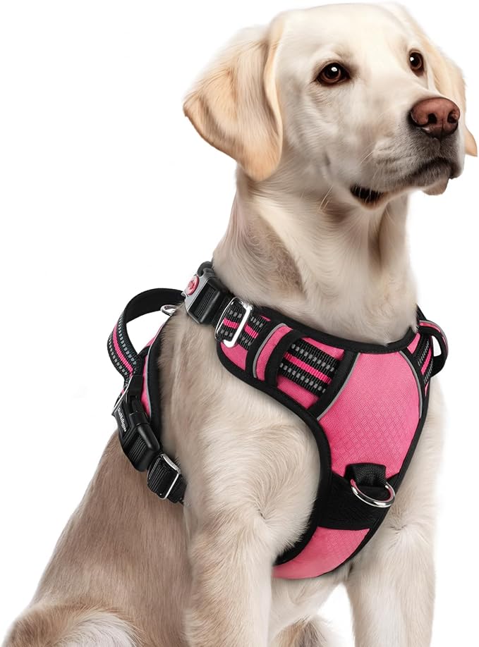 rabbitgoo Dog Harness for Large Dogs, No Pull Pet Vest with 3 Buckles, Adjustable Soft Padded Pet Harness with Easy Control Handle and Reflective Strips, Pink, L-Mewly Pet