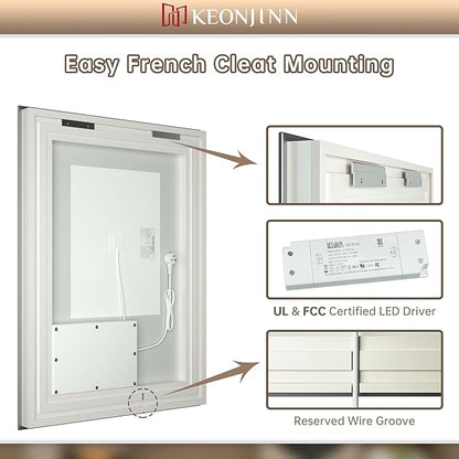 Keonjinn LED Bathroom Mirror with Light, 28x36 in Frontlit and Backlit, Stepless 3 Colors Temperature & Dimmable Wall Mirror, UL Listed LED Driver, Double LED Strips, Tempered Glass LED Vanity Mirror