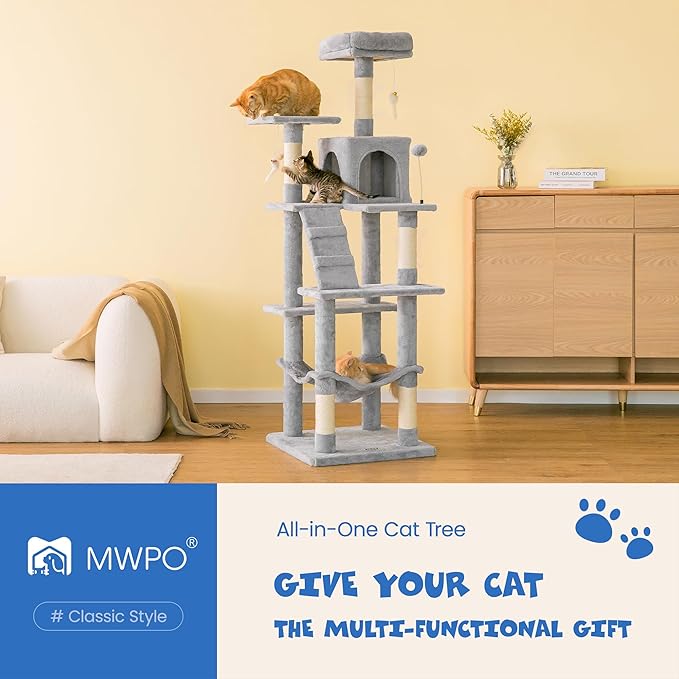 MWPO 63.8 inches Multi-Level Cat Tree for Large Cats with Sisal-Covered Scratching Posts, Padded Platform, Hammock and Condo,Stable Cat Tower Cat Condo Pet Play House-Light Gray-Mewly Pet
