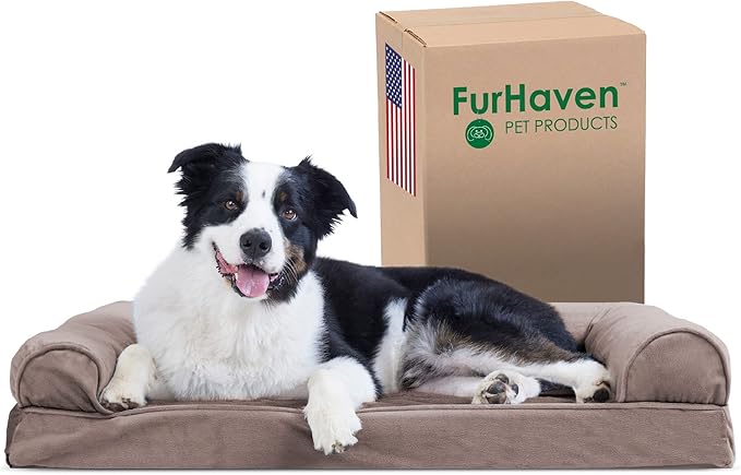 Furhaven Cooling Gel Dog Bed for Large/Medium Dogs w/ Removable Bolsters & Washable Cover, For Dogs Up to 55 lbs - Faux Fur & Velvet Sofa - Driftwood Brown, Large-Mewly Pet