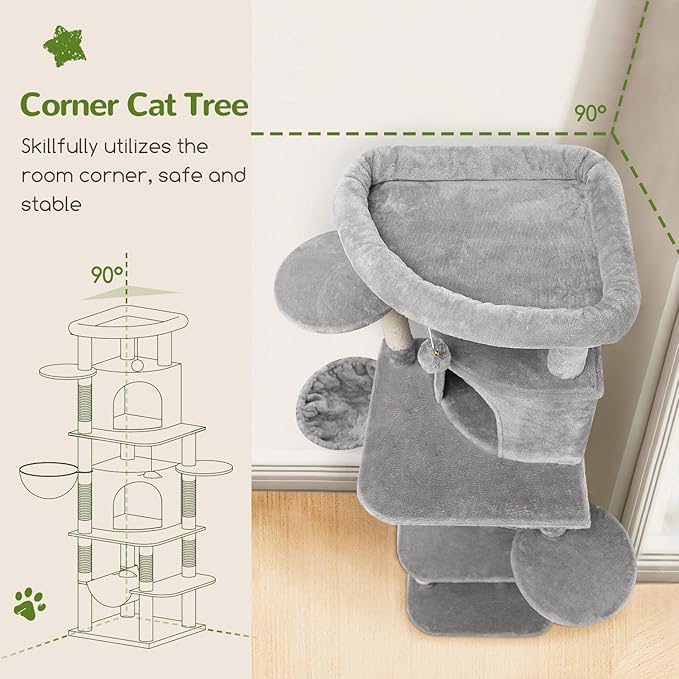 Globlazer Corner Cat Tree for Large Cats, 66inch Tall Curved Series Large Cat Tower for Multiple Indoor Cats with 6 Scratching Posts, 2 Spacious Cat Condos, Hammock, Hanging Basket, C66, Light Grey-Mewly Pet