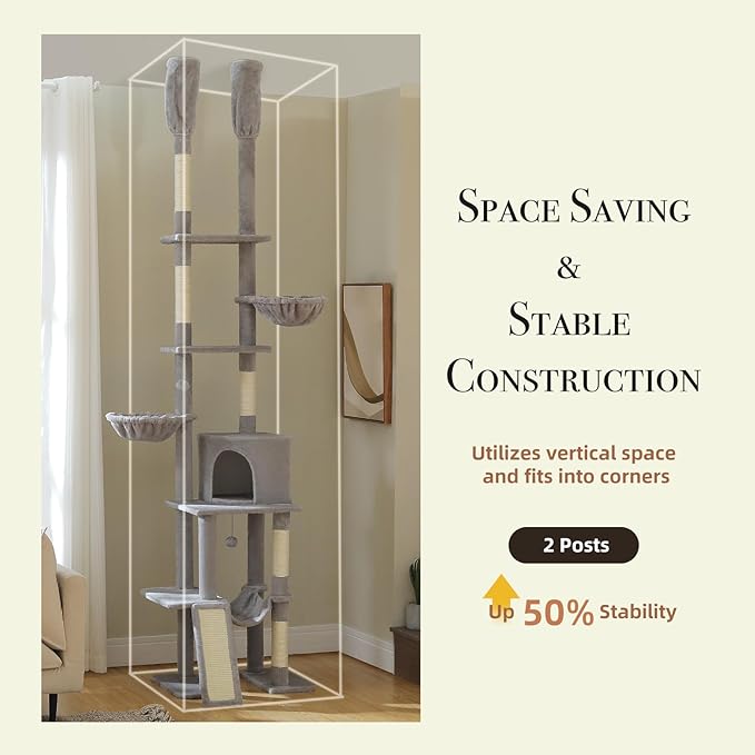 PAWZ Road Tall Cat Tree, Floor to Ceiling Cat Tower with Adjustable Height(85-112 Inches), 7 Tiers Climbing Tower with Cozy Hammocks, 5 Platforms and Scratching Posts for Indoor Cats-Gray-Mewly Pet