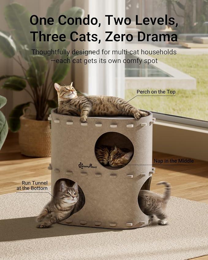 DownyPaws Cat House for Indoor Cats, 2-Storey Foldable Cat Bed Cave, Felt Cats Tunnel Bed Condo, Castle Kitten Cube Hideaway for Multicats, Scratch Resistant, Cream-Mewly Pet