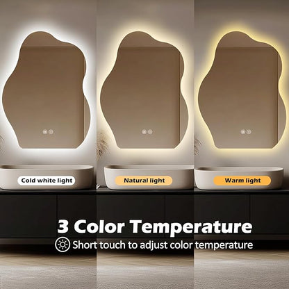 LED Bathroom Mirror with Lights 24x32, Stepless Dimmable Irregular LED Mirror with 3 Colors, Anti-Fog, Memory, Al-Alloy Lampshade, Frameless Makeup Mirror for Bathroom (Vertical Only)