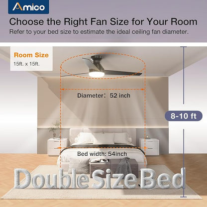 Amico Ceiling Fans with Lights, 52 inch Low Profile Ceiling fan with Light and Remote Control, Flush Mount, Reversible, 3CCT, Dimmable, Noiseless, Black Ceiling Fan for Bedroom, Indoor/Outdoor Use