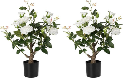 Artificial Rose Flower Trees 2 Pack- 24’’ Lifelike Plant in Pot with White Flowers Decorative Rose Trees for Home, Office, Wedding, and Event Decor, White