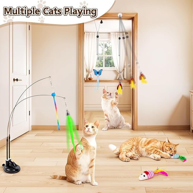 HONGDDY Cat Toys, 14Pcs 4 in 1 Indoor Adult Cat Interactive Toys, Hanging Door Kitten Wand with Suction Cup Removable Feathers Balls Mice Butterfly Streamers-Mewly Pet