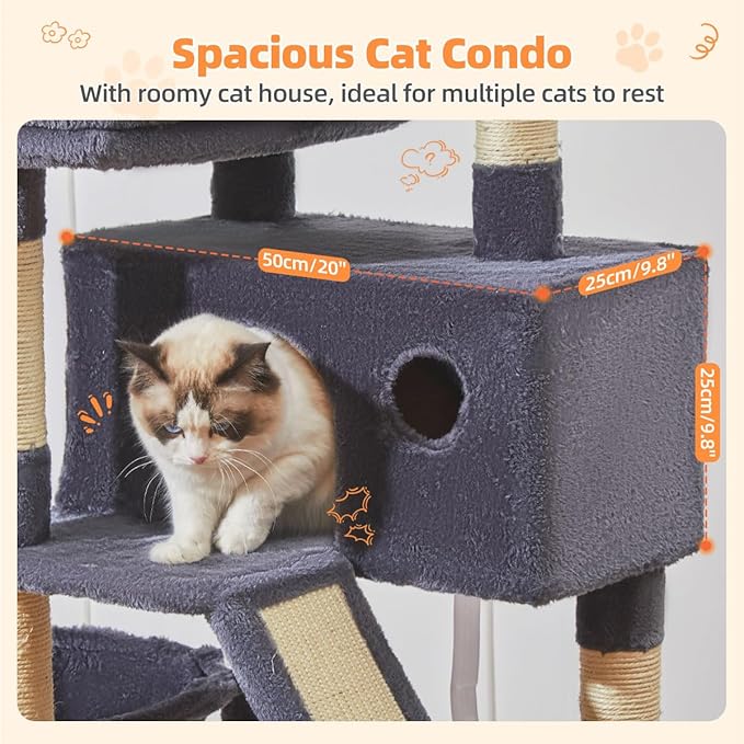 Taoqimiao Cat Tree 57.5-Inch, Cat Tower for Indoor Cats Large Adult, Extra Large Cat Condo, 8 Sisal Scratching Posts, Metal Frame Cozy Hammock, Durable Scratch Board, 2 Top Perches, Smoky Gray MS026G-Mewly Pet