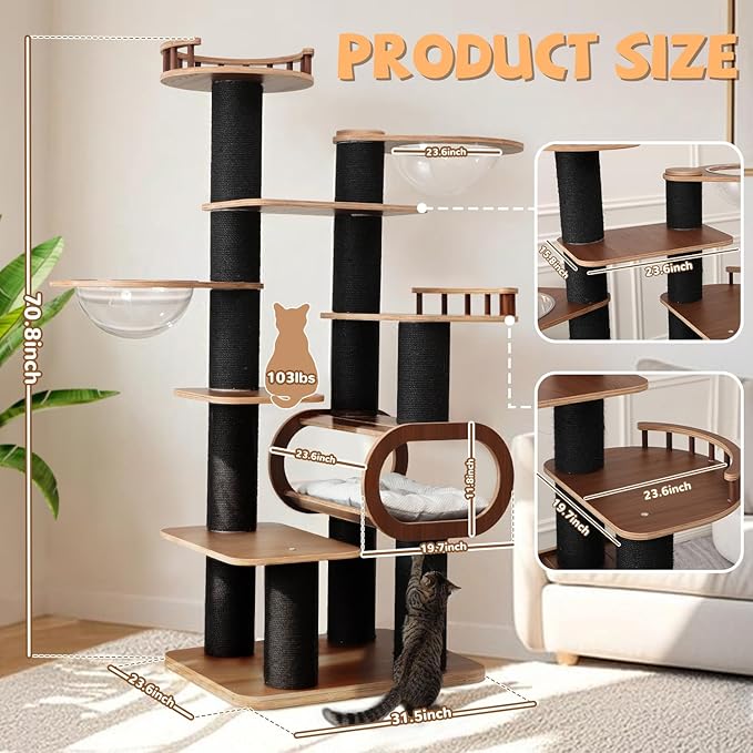70.8'' Tall Luxury Cat Tree,All i,ne One Black Walnut Wood Modern Cat Tower for Indoor Large,Huge Multi-Level Cat Furniture with Scratching Posts,Condo,Cushion,Clear Bowl,Platform for Home Decoration-Mewly Pet