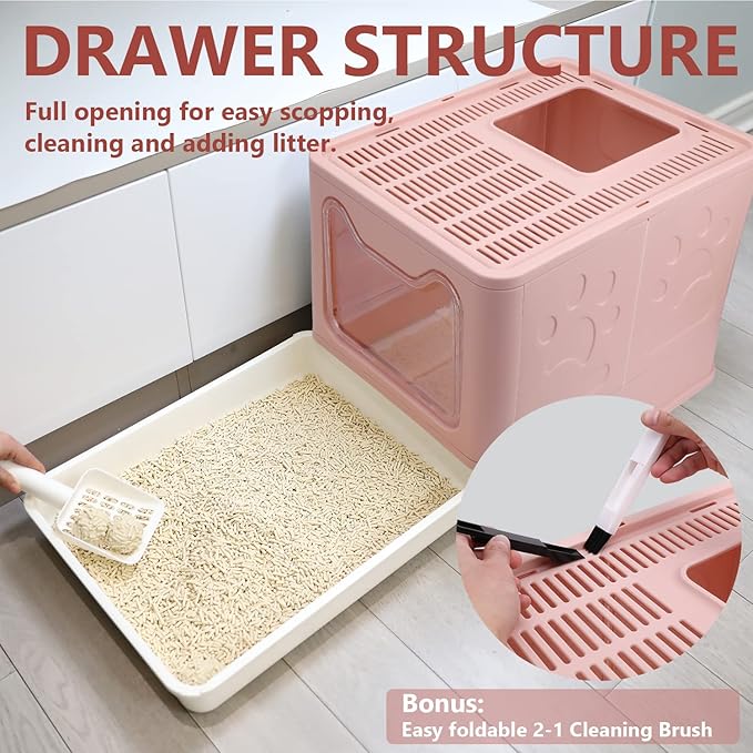 Foldable Cat Litter Box with Lid, Enclosed Potty, Large Top Entry Anti-Splashing Toilet, Easy to Clean Including Litter Scoop and 2-in-1 Cleaning Brush (Pink)-Mewly Pet