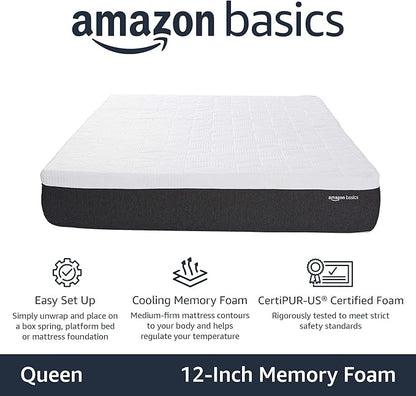 Amazon Basics Gel Memory Foam Mattress, Firm, Cooling, Queen Size Mattress, CertiPUR-US® Certified Foam, 80 x 60 x 12 inches, White/Dark Gray