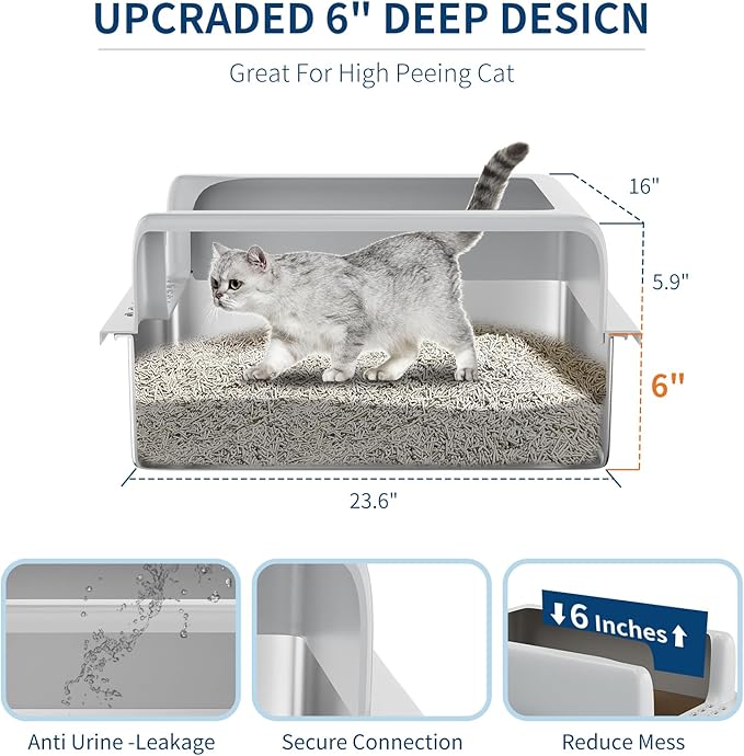 Stainless Steel Cat Litter Box 6 inch, XXL Large Cat Litter Tray with High Side, Platform Step and Scoop for Big Cats Multiple Cats, Easy Clean-Mewly Pet