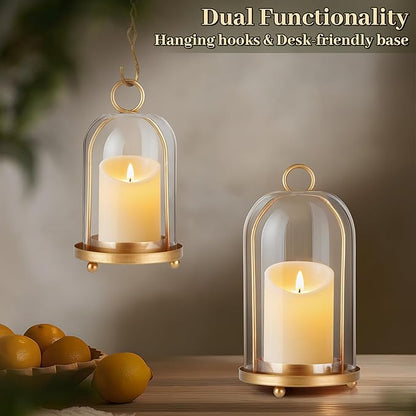 Glass Hurricane Candle Holder Decorative Gold Candle Lantern, Pillar Candlestick Holders Set of 2, Hanging Metal Holder Modern Table Centerpieces, Antique Brass