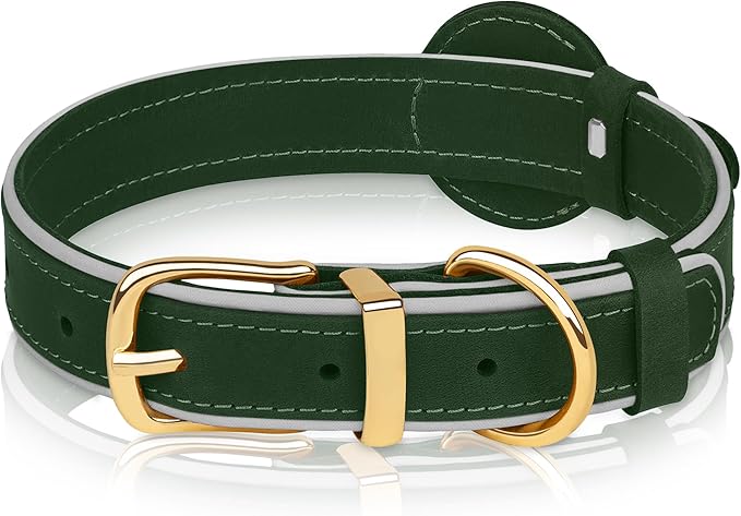 OOPSDOGGY Reflective Geniune Leather Airtag Dog Collar Soft Padded Collars for Small Medium Large Breed Dogs Puppy, 4 Sizes, 7 Colors (Green, XLarge, 19"-24")-Mewly Pet