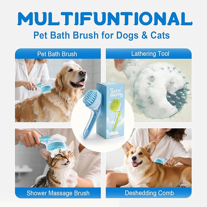 Dog Bath Brush, Silicone Pet Bath Brush with Soap Dispenser,Deep Cleansing & Gentle Massage for Dogs & Cats, Suitable for Long & Short Hair, Easy Grip, Bathing & Grooming(Blue)-Mewly Pet