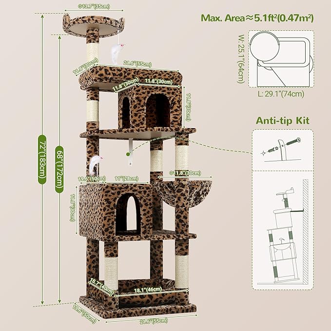 Globlazer Heavy Duty Cat Trees for Large Cats, Sturdy 72in Maine Coon Cat Tree for Large Cat 20 lbs+ Heavy Duty Cat Tower for Adult Biggest Cats with 6 Scratching Posts, Hammock, S72, Leopard Print-Mewly Pet
