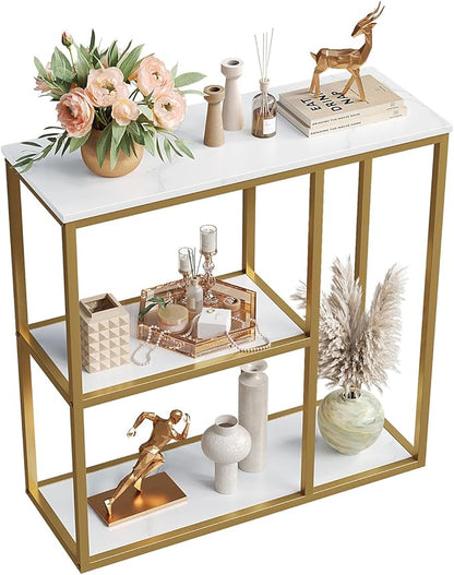 WOHOMO Console Table, Small Entryway Table with Storage Shelves 12'' Narrow Sofa Table Modern Hallway Table for Living Room 31.5" x12''x31.5'' White and Gold