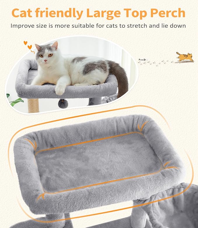 Cat Tree Large Cat Tower Tree 68" Multi-Level Cat Tower for Indoor Cats with Sisal Scratching Posts, Widen Cat Perche, Square Hammock, 2 Widen Condos, Scratching Posts, Light Grey-Mewly Pet