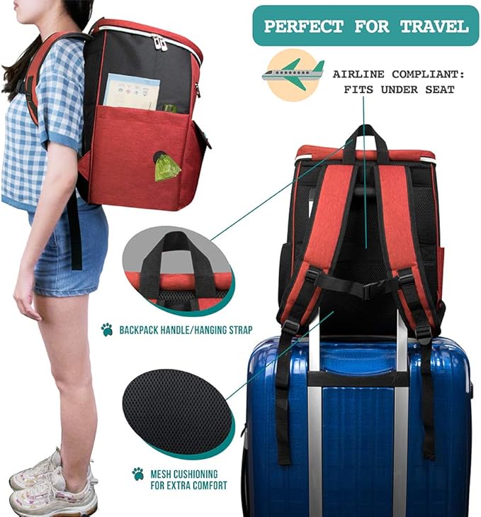 PetAmi Dog Travel Bag Backpack, Airline Approved Dog Bags for Traveling, Puppy Diaper Bag Supplies, Pet Camping Essentials Hiking Accessories Dog Mom Gift, Food Container, Collapsible Bowls, Red-Mewly Pet