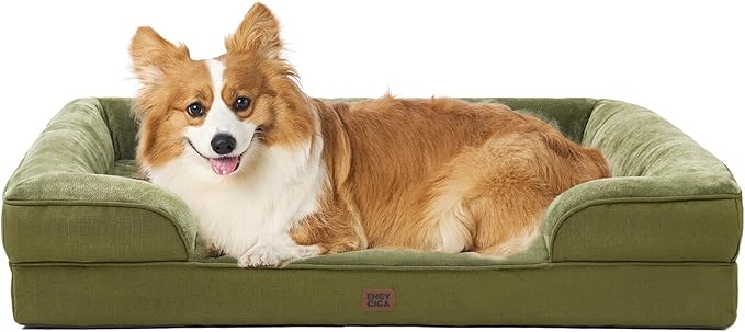 EHEYCIGA Orthopedic Dog Beds for Large Dogs, Waterproof Memory Foam Large Pet Bed with Sides, Non-Slip Bottom and Egg-Crate Foam Dog Couch Bed with Washable Removable Cover, Olive Green-Mewly Pet