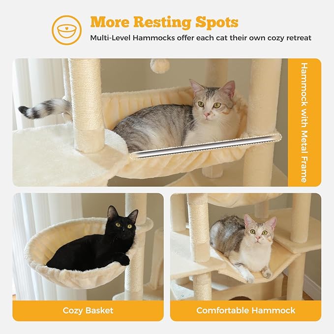 81" Heavy Duty Cat Tree for Large Cats up to 20lbs - Extra Tall Cat Tower with Metal Frame Hammock, 6 Sisal Scratching Posts, 2 Perches - Indoor Cat Furniture for Maine Coon, Big Cats, Beige-Mewly Pet