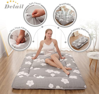 Japanese Floor Mattress, Futon Mattress with Portable Storage Bag and Washable Cover, Roll Up Thick Tatami Mat Suitable for Camping, Guest Room, Grey Cotton, Queen