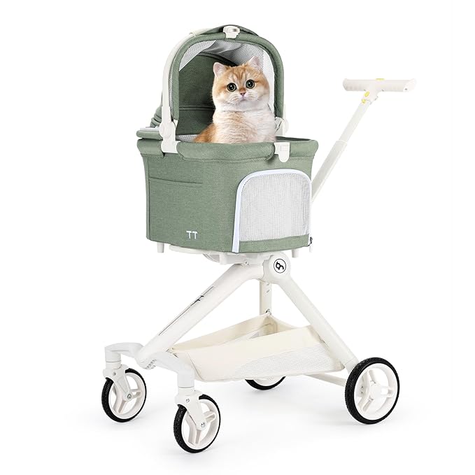 TT Lightweight Pet Stroller for Small Dog&Cat,One-Hand-Fold Pet Travel Stroller with Canopy and Cup Holder, 4-Way Convertible Carrier.Green-Mewly Pet