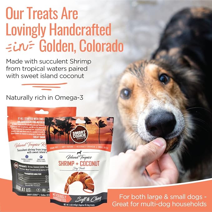 Smart Cookie All Natural Dog Treats - Shrimp & Coconut - Training Treats for Dogs with Allergies, Sensitive Stomachs - Soft Dog Treats, Chewy, Grain Free, Human-Grade, Made in USA - 5oz, Pack of 3-Mewly Pet