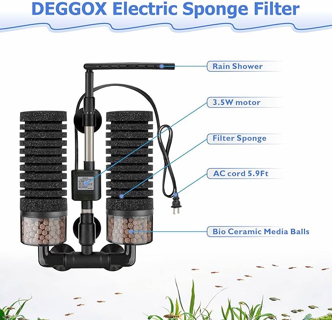 Upgrade Aquarium Electric Power Sponge Filter with Submersible Pump ，Ultra-Quiet Motor with Bio Ceramic Media Balls and 2 Spare Sponge (L for 20-55 Gal)-Mewly Pet