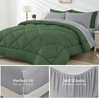 HEVUMYI Twin-XL Comforter Set - 5-Piece All Season Bed in a Bag Twin-XL, Ultra Soft Bedding Set with Comforter, Flat Sheet, Fitted Sheet, Pillowcases, Pillow Shams, Green & Light Grey
