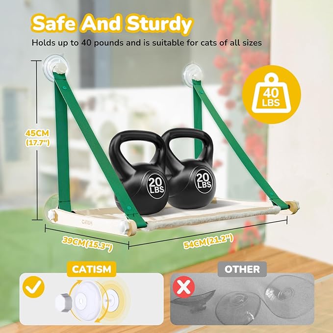 CATISM Cat Window Perch Foldable - Cats Hammock for Window, 2 in 1 Cat Window Hammock Bed for Indoor Cats, Cat Perch with Sturdy Screw Suction Cups for Kittens (Green)-Mewly Pet
