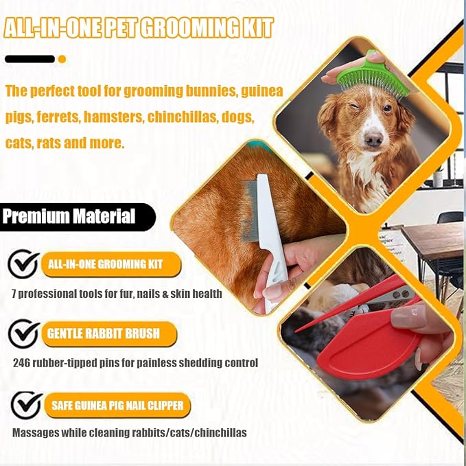 Rabbit Grooming Kit – Bunny Grooming Kit with Shedding Brush, Nail Clippers & Comb – Small Animal Grooming Supplies for Rabbits, Guinea Pigs, Hamsters, Ferrets - Small Pet Shedding & Care (Pink)-Mewly Pet
